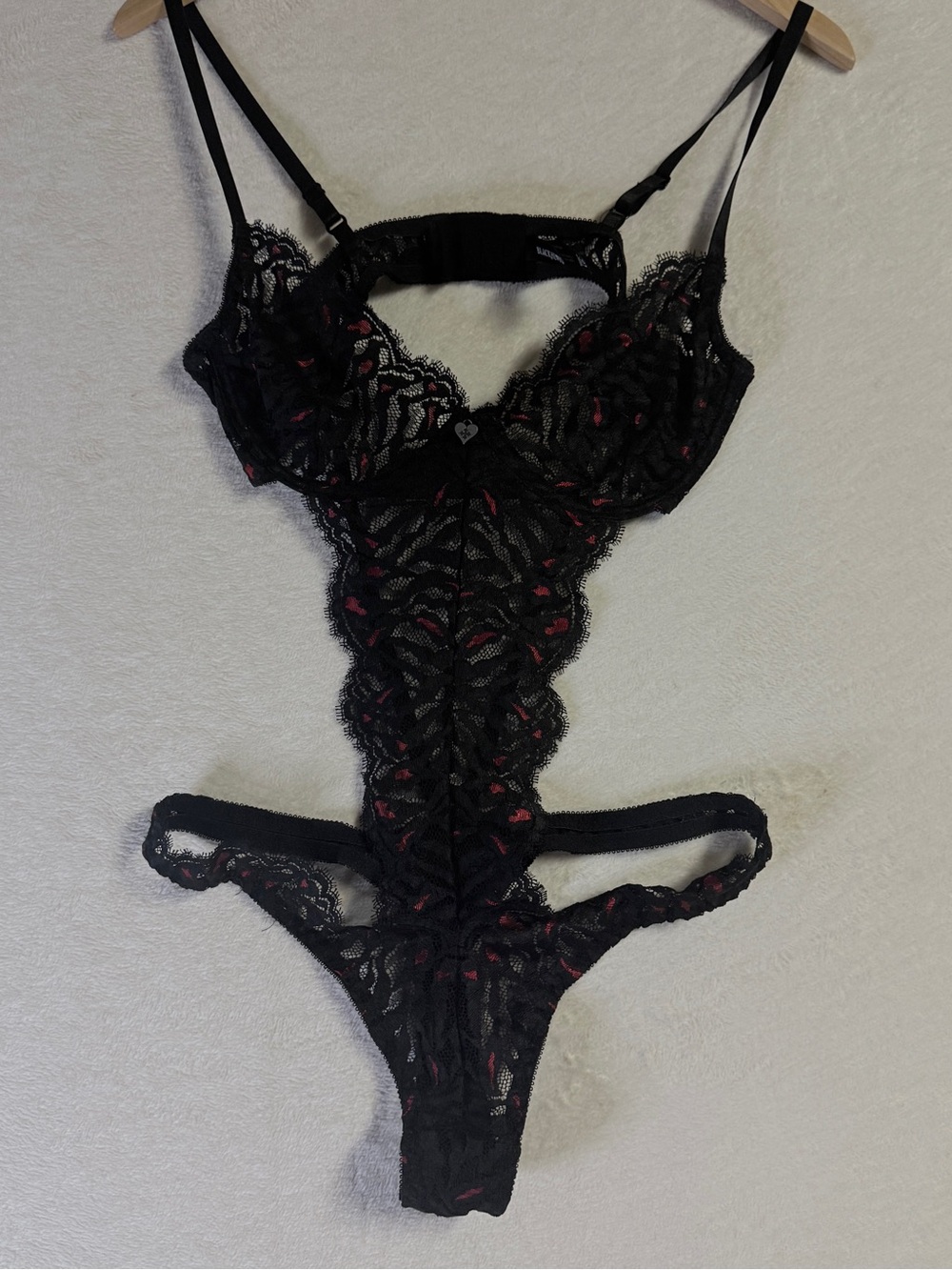 Blackheart Black Lace Bodysuit with Red Accents